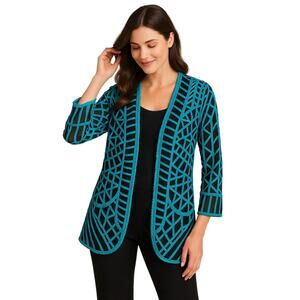 Chico’s Travelers Turquoise Embroidered Mesh Jacket Cardigan – Size 3